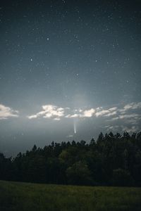 Preview wallpaper starry sky, starfall, trees, night