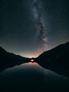 Preview wallpaper starry sky, stars, milky way, night, lake, reflection