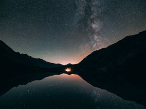 Preview wallpaper starry sky, stars, milky way, night, lake, reflection