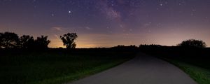 Preview wallpaper starry sky, stars, road, bushes, night