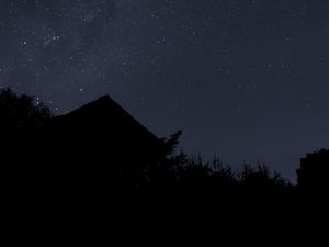 Preview wallpaper starry sky, stars, roof, silhouette, night