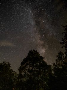 Preview wallpaper starry sky, stars, trees, mountains, night, nature