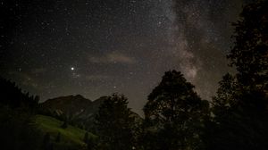 Preview wallpaper starry sky, stars, trees, mountains, night, nature