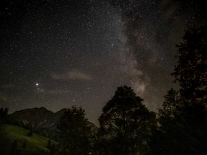 Preview wallpaper starry sky, stars, trees, mountains, night, nature