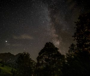 Preview wallpaper starry sky, stars, trees, mountains, night, nature