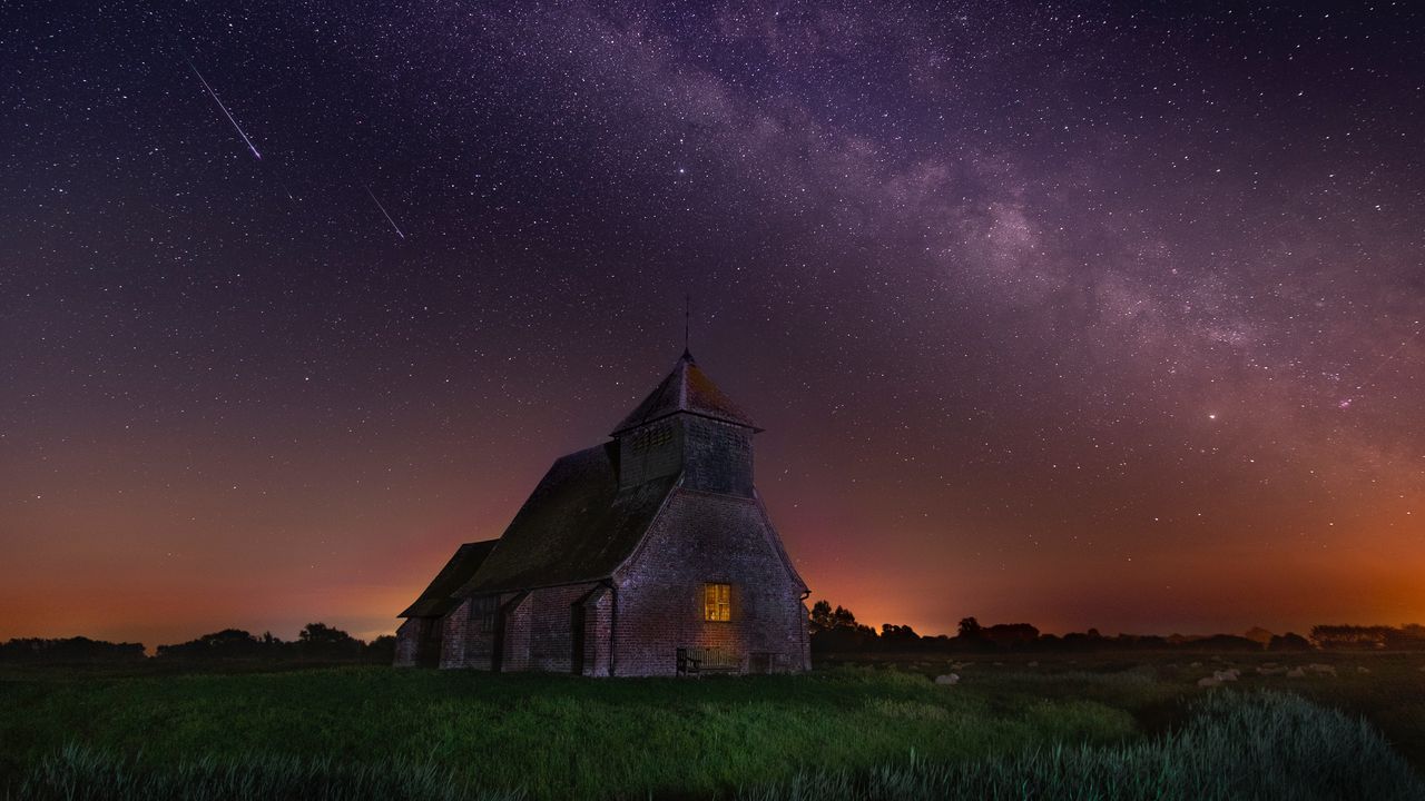 Wallpaper starry sky, structure, night, church, fairfield, united kingdom