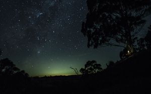 Preview wallpaper starry sky, tree, hill, horizon, night