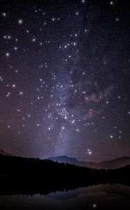 Preview wallpaper starry sky, trees, mountains, night, stars, forest, shine, sky