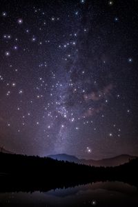 Preview wallpaper starry sky, trees, mountains, night, stars, forest, shine, sky