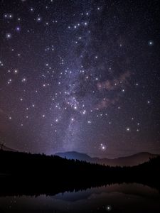 Preview wallpaper starry sky, trees, mountains, night, stars, forest, shine, sky