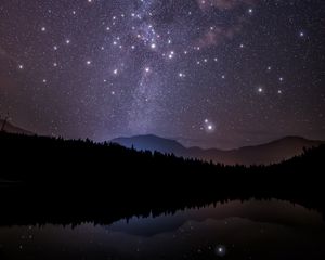 Preview wallpaper starry sky, trees, mountains, night, stars, forest, shine, sky