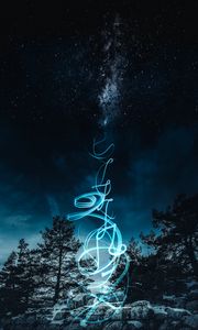 Preview wallpaper starry sky, trees, rocks, night, patterns, light art