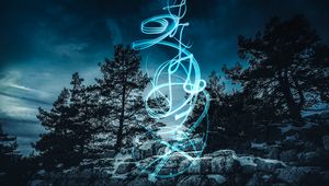 Preview wallpaper starry sky, trees, rocks, night, patterns, light art