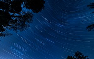Preview wallpaper starry sky, trees, stars, blur, rotation, long exposure, dark