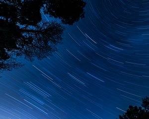 Preview wallpaper starry sky, trees, stars, blur, rotation, long exposure, dark