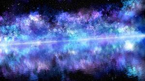 Preview wallpaper starry sky, water, birds, surface, reflection, purple, clouds, shining