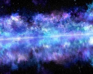 Preview wallpaper starry sky, water, birds, surface, reflection, purple, clouds, shining