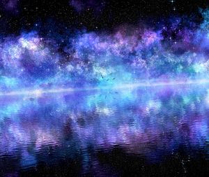 Preview wallpaper starry sky, water, birds, surface, reflection, purple, clouds, shining