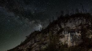 Preview wallpaper starry sky, waterfall, rocks, forest