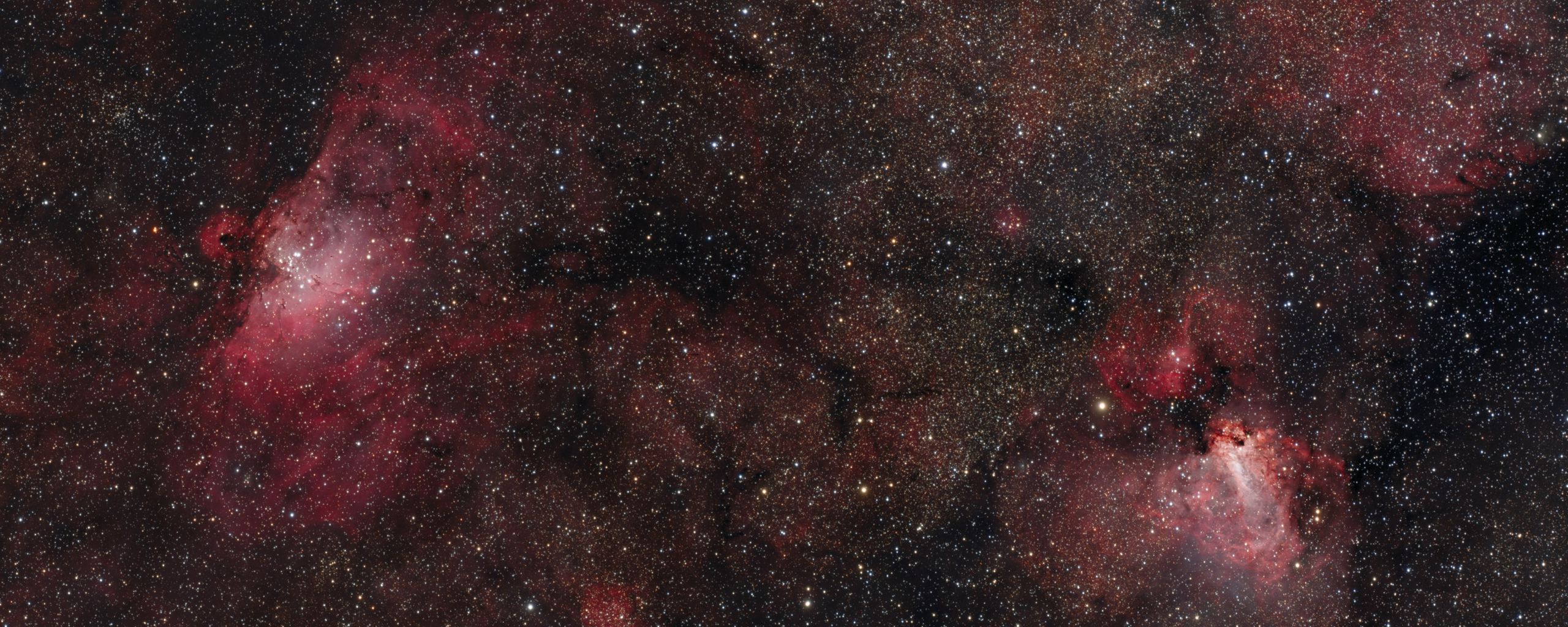 2560x1024 Wallpaper stars, nebulae, glitter, red, dark, space