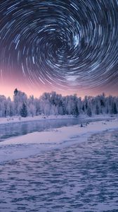 Preview wallpaper stars, rotation, long exposure, night, winter, landscape