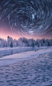 Preview wallpaper stars, rotation, long exposure, night, winter, landscape
