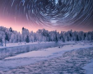 Preview wallpaper stars, rotation, long exposure, night, winter, landscape