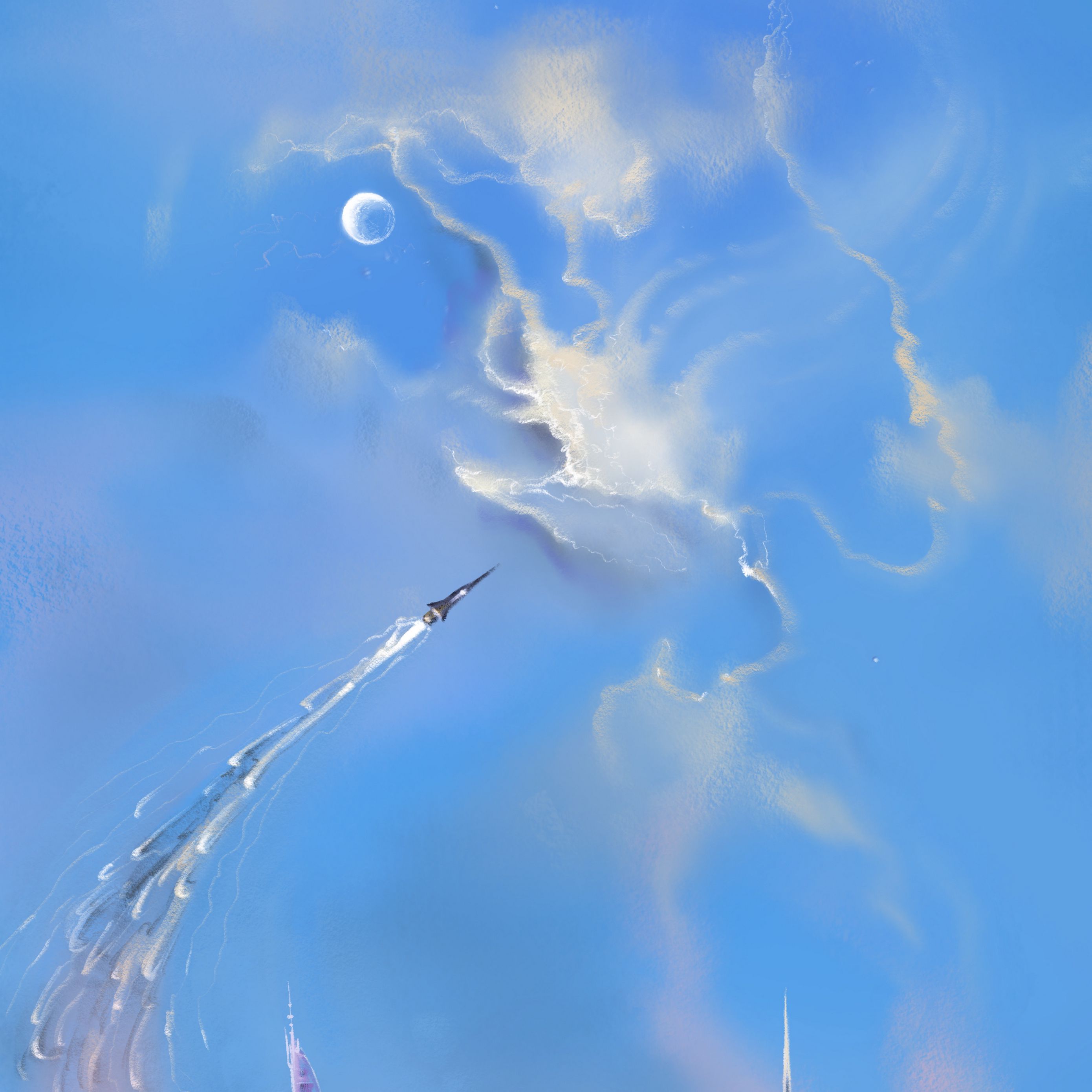 2780x2780 Wallpaper station, spaceship, sky, clouds, art