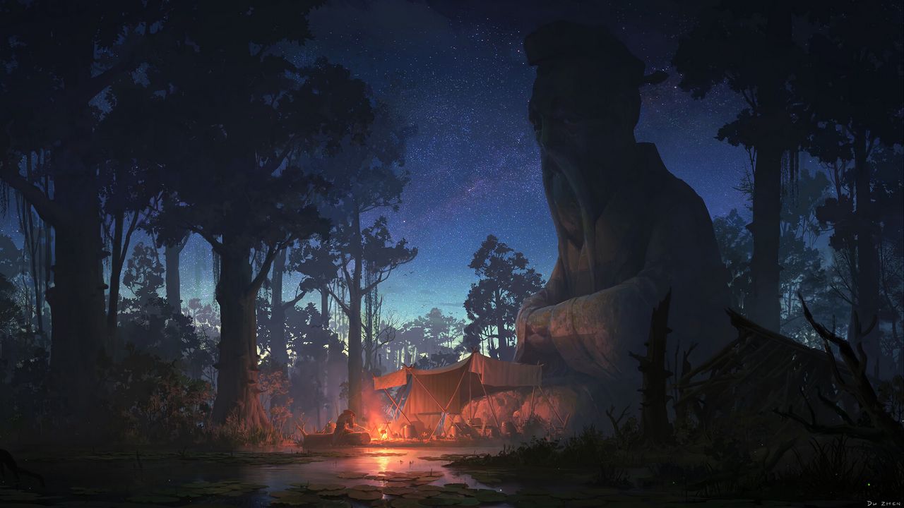 Wallpaper statue, sage, night, forest, tent, campfire