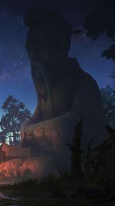 Preview wallpaper statue, sage, night, forest, tent, campfire