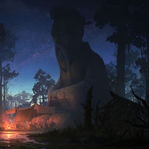 Preview wallpaper statue, sage, night, forest, tent, campfire