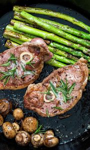 Preview wallpaper steak, mushrooms, asparagus, meat, pan