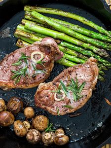 Preview wallpaper steak, mushrooms, asparagus, meat, pan