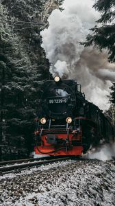 Preview wallpaper steam engine, train, smoke, rails, forest