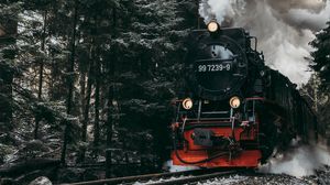 Preview wallpaper steam engine, train, smoke, rails, forest
