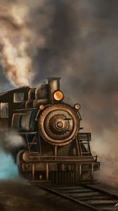 Preview wallpaper steam locomotive, train, rails, smoke, art