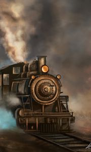 Preview wallpaper steam locomotive, train, rails, smoke, art