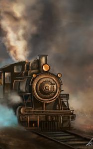 Preview wallpaper steam locomotive, train, rails, smoke, art