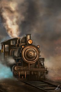 Preview wallpaper steam locomotive, train, rails, smoke, art