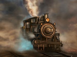 Preview wallpaper steam locomotive, train, rails, smoke, art