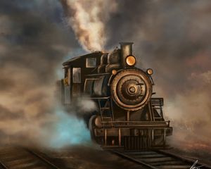 Preview wallpaper steam locomotive, train, rails, smoke, art