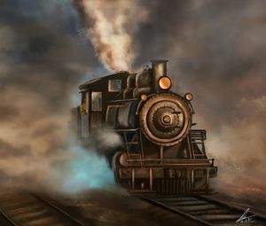 Preview wallpaper steam locomotive, train, rails, smoke, art
