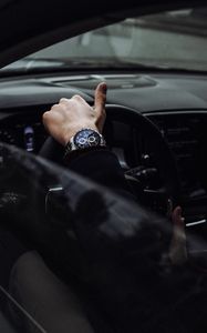 Preview wallpaper steering wheel, hand, car, black