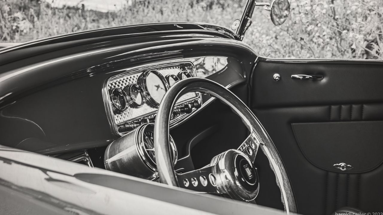 Wallpaper steering wheel, interior, car, black and white