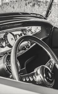 Preview wallpaper steering wheel, interior, car, black and white