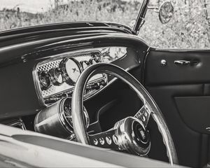 Preview wallpaper steering wheel, interior, car, black and white