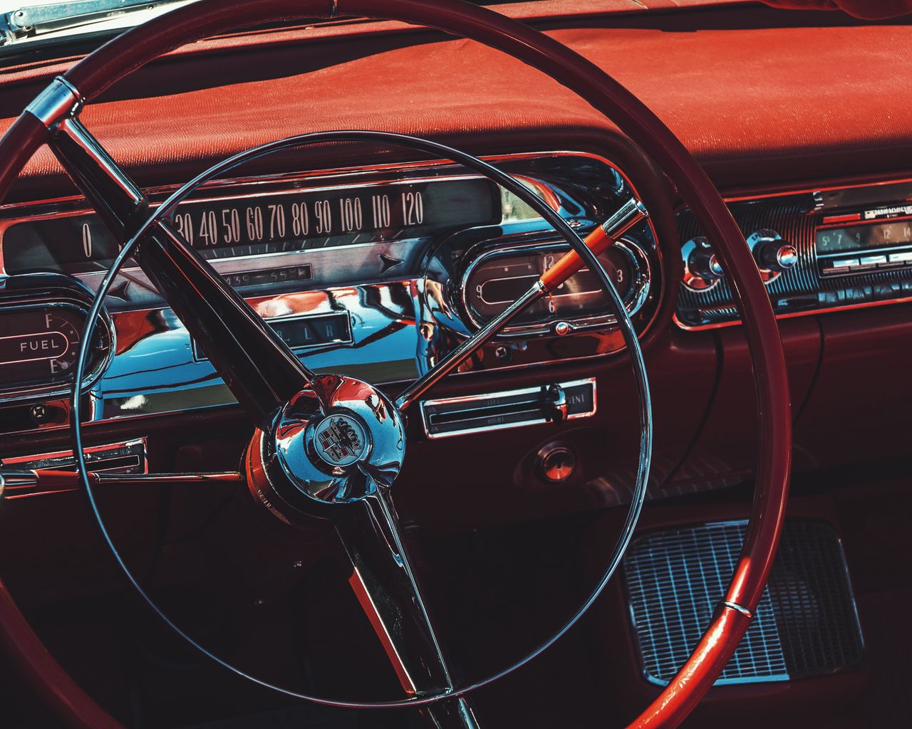 Download wallpaper 1280x1024 steering wheel, speedometer, car, retro