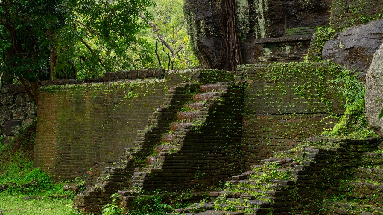 Wallpaper steps, building, ruins, leaves
