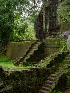 Preview wallpaper steps, building, ruins, leaves