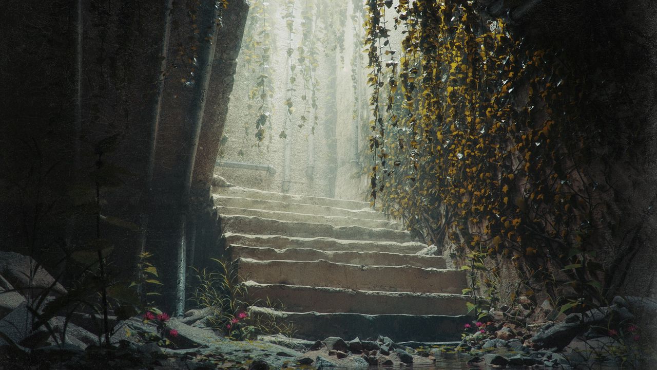 Wallpaper steps, leaves, stones, art